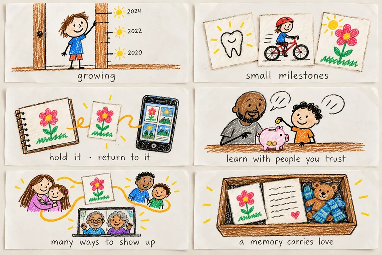 Drawings of childhood milestones, family and a keepsake.